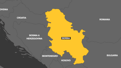 A map which highlights the country of Serbia in yellow.