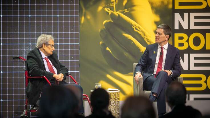 IRC President David Miliband on stage