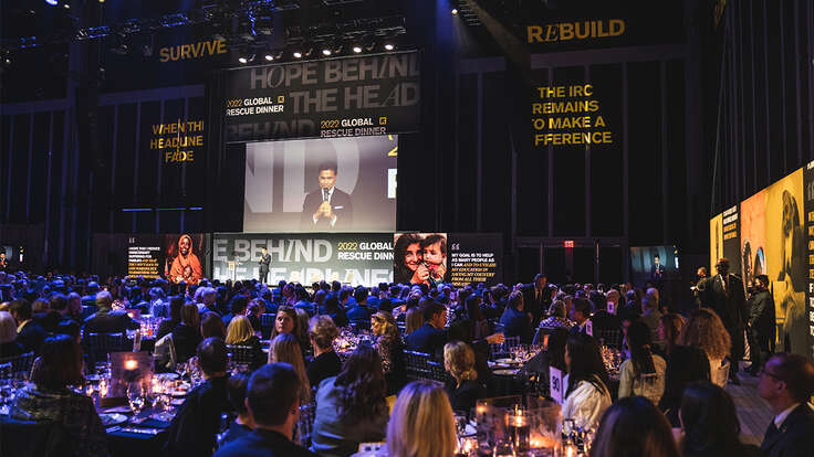 A speaker addresses guests at the IRC's 2024 Global Rescue Dinner.