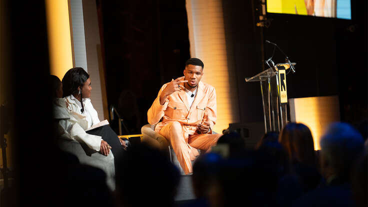 NBA star, Giannis Antetokounmpo addresses guests at the IRC's 2024 Global Rescue Dinner.