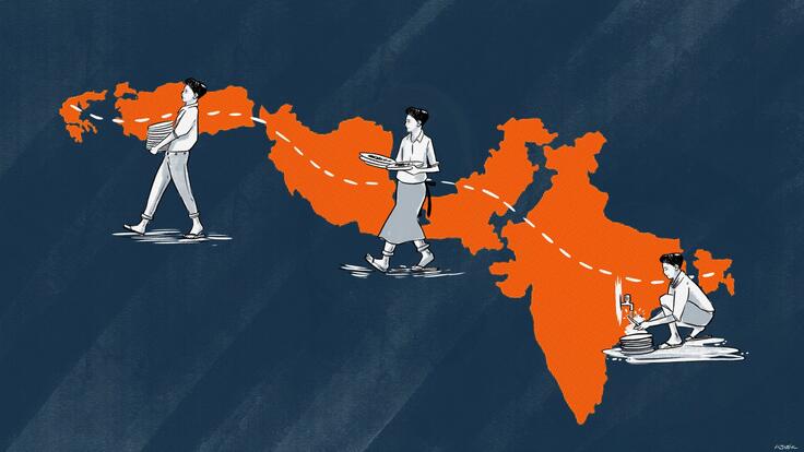 Illustration showing Bahar traveling across many countries, working in hopes to find safety.